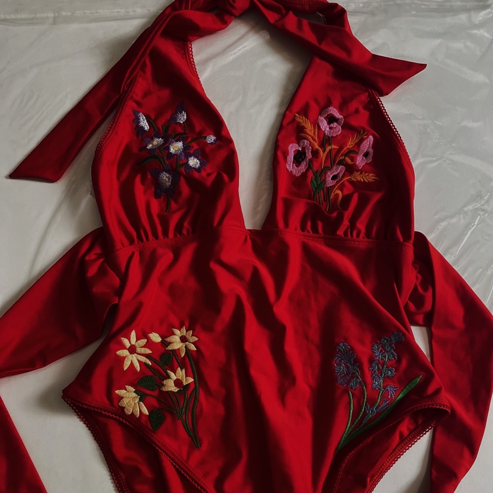 ✨ASOS DESIGN recycled embroidered floral tie front swimsuit in red✨